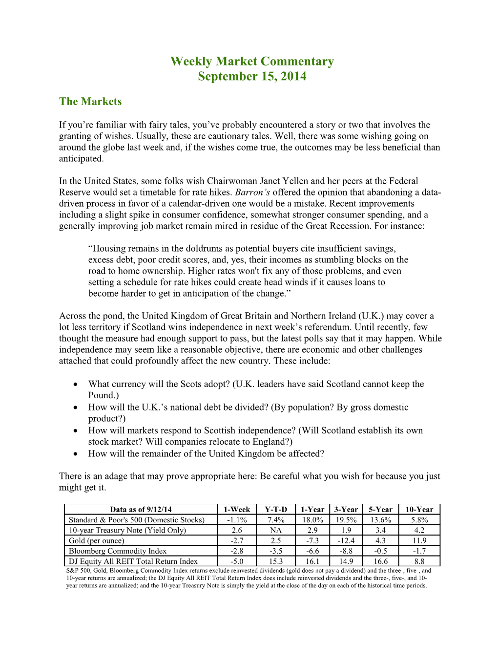 Weekly Commentary 09-15-14 PAA