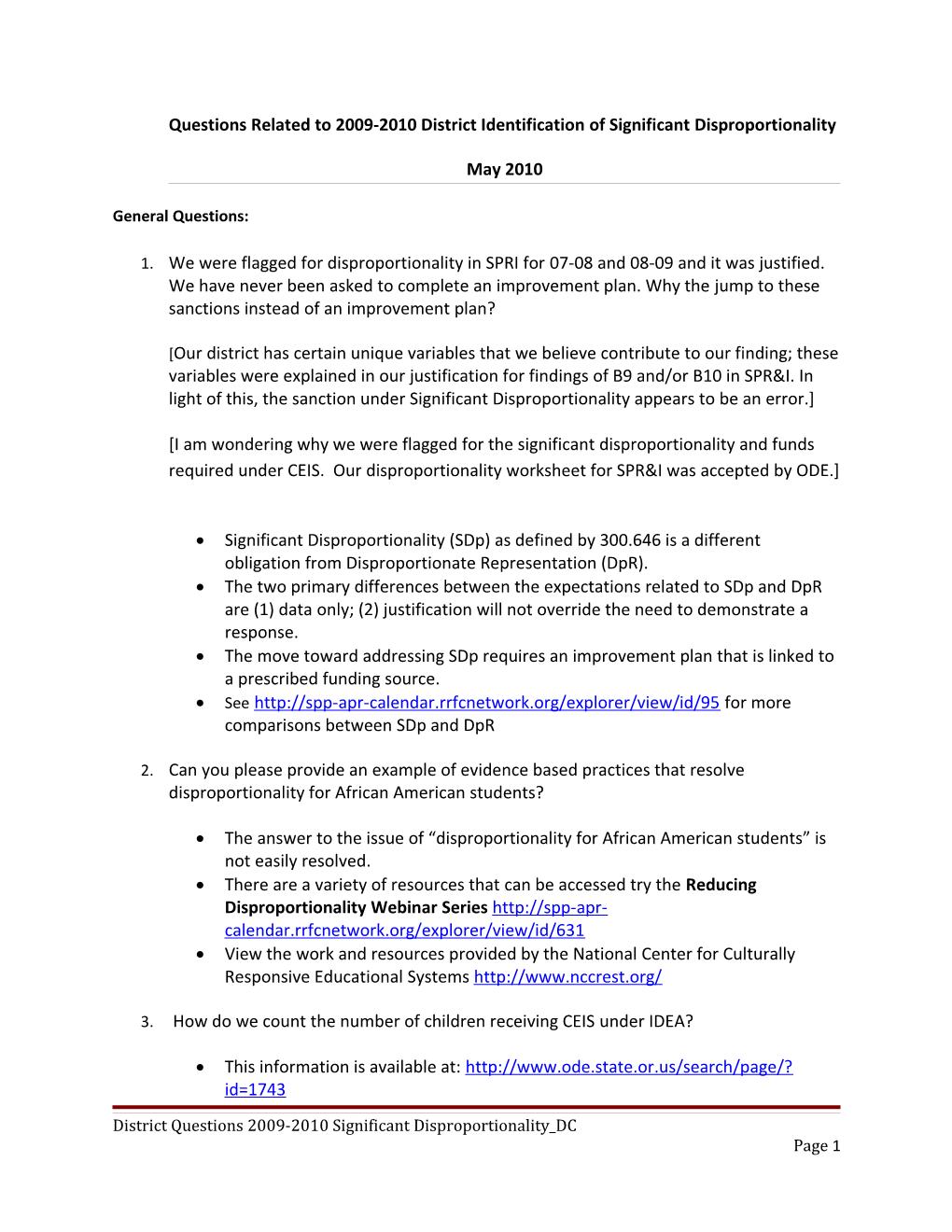 Questions Related to 2009-2010 District Identification of Significant Disproportionality