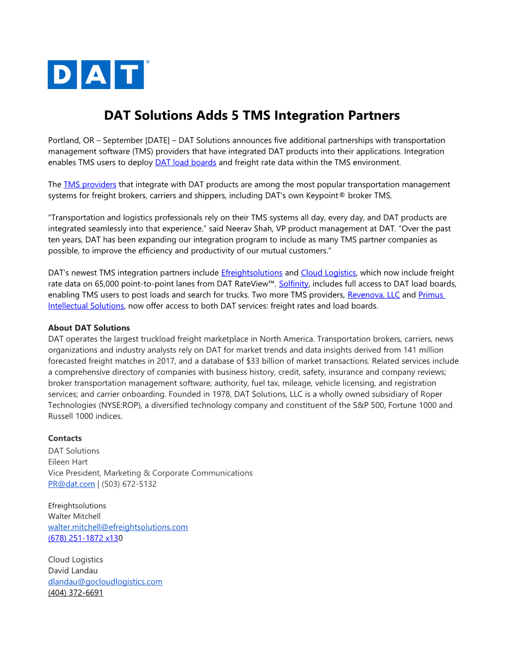 DAT Solutions Adds5 TMS Integration Partners