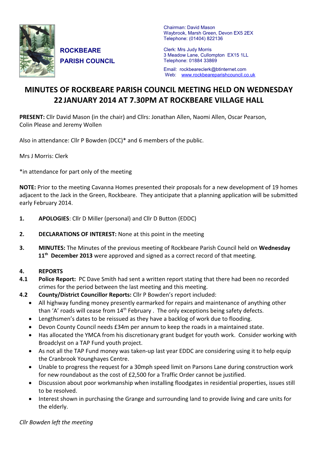 Minutes of Rockbeare Parish Council Meeting Held on Wednesday 22January2014 at 7.30Pm