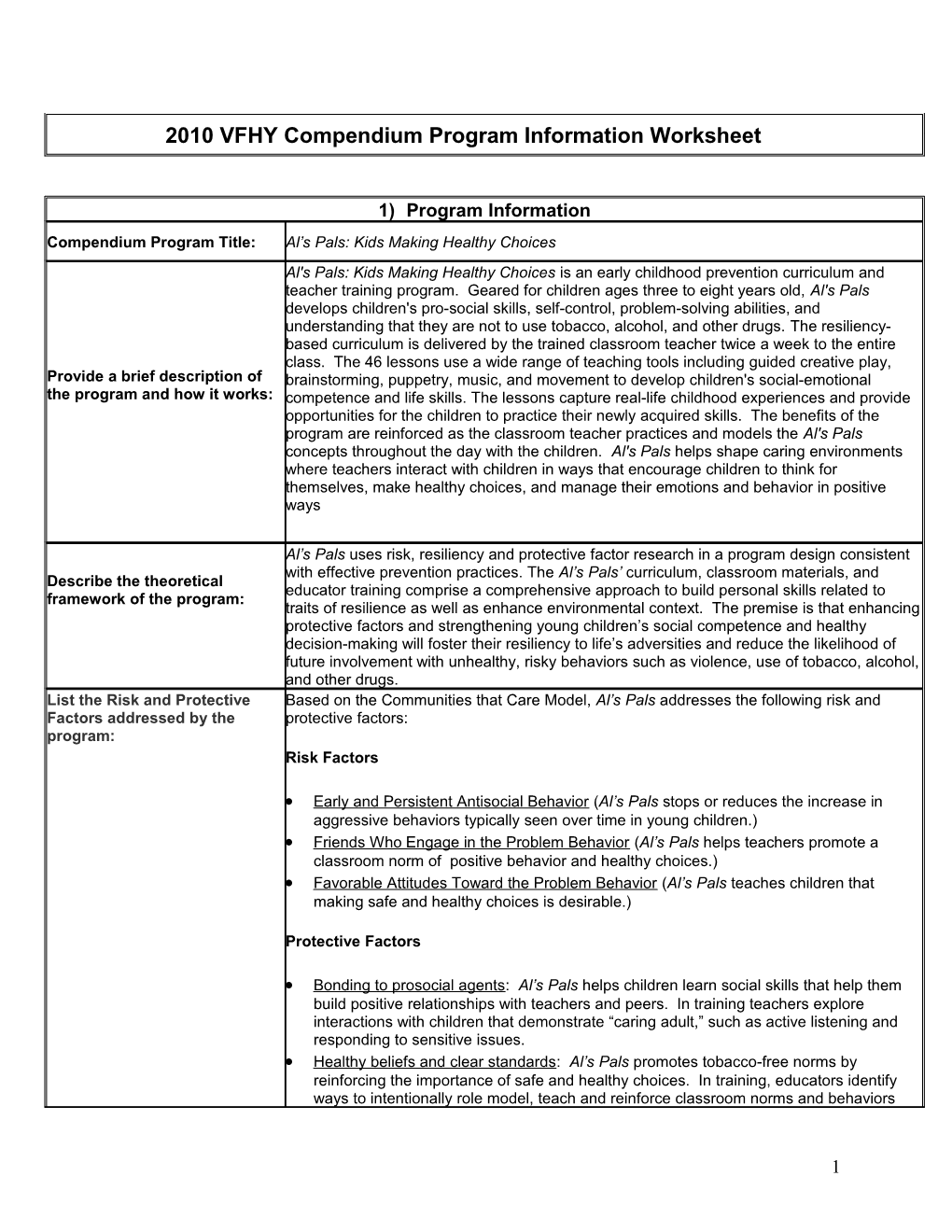 VTSF Compendium Program Information Worksheet s1