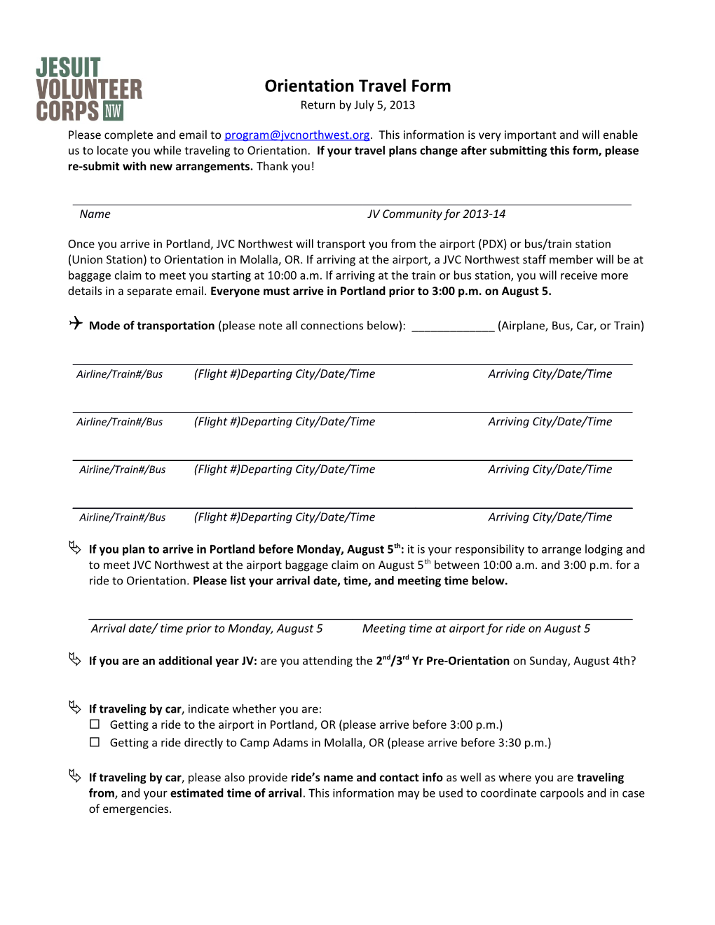 Orientation Travel Form