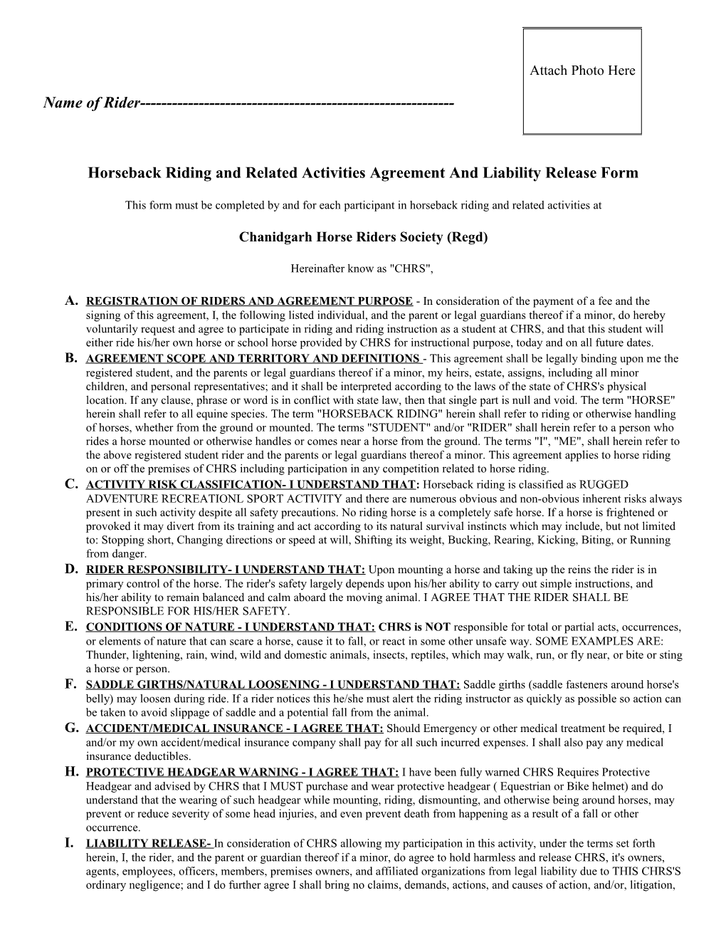 Horseback Riding and Related Activities Agreement and Liability Release Form