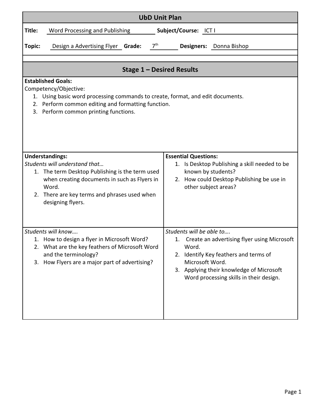 Ubd Lesson Plan