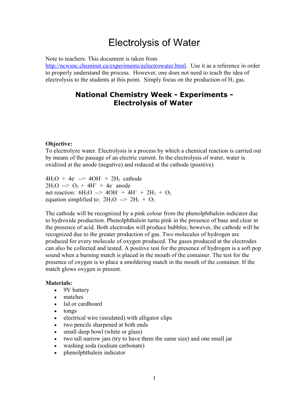 National Chemistry Week - Experiments - Electrolysis of Water