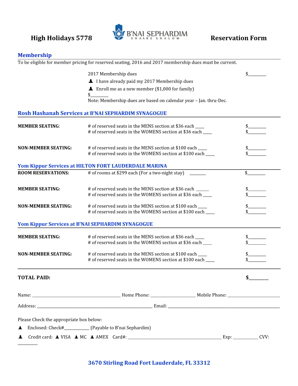 High Holidays 5778 Reservation Form