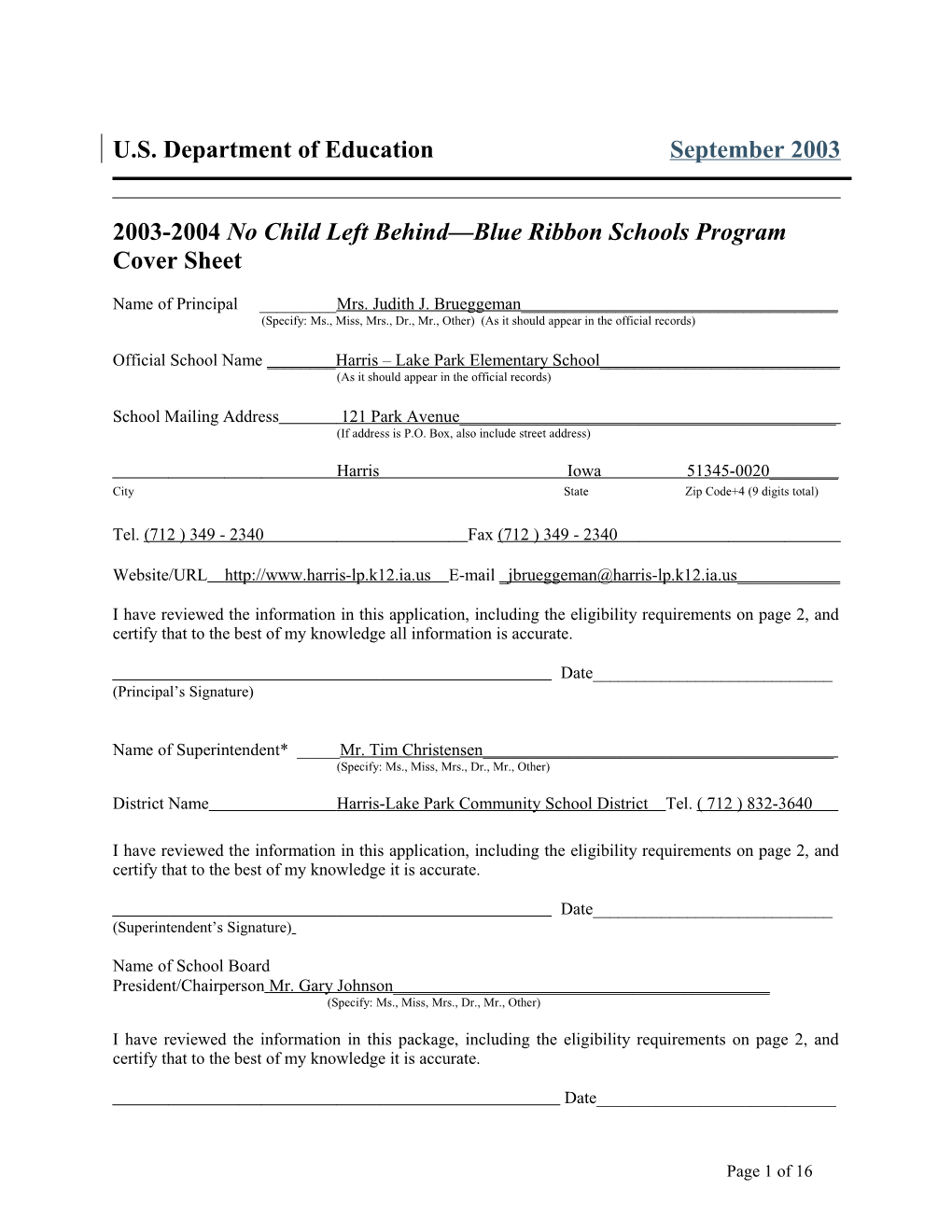 Harris-Lake Park Elementary School 2004 No Child Left Behind-Blue Ribbon School Application
