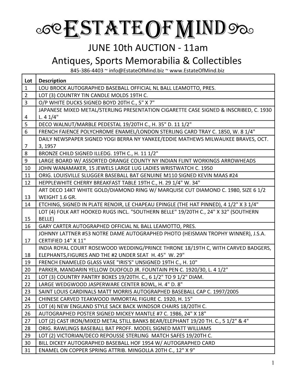 JUNE 10Th AUCTION - 11Am Antiques, Sports Memorabilia & Collectibles 845-386-4403