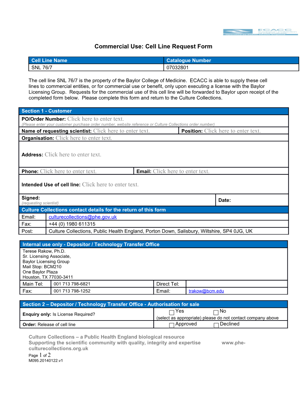 Commercial Use: Cell Line Request Form