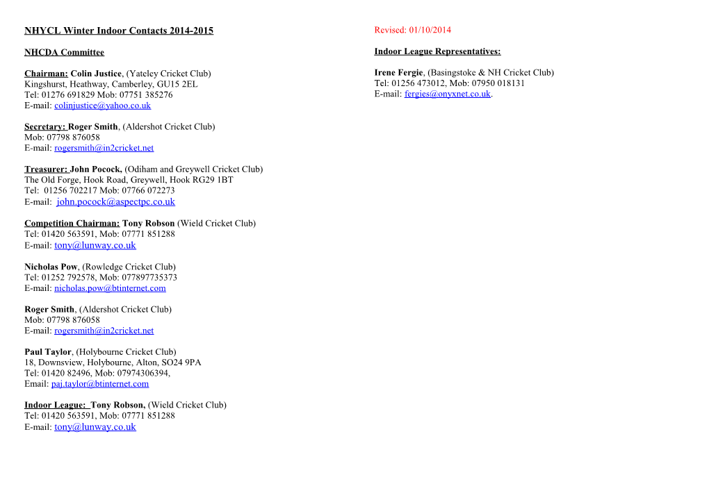 NHYCL Winter Indoor Contacts 2014-2015