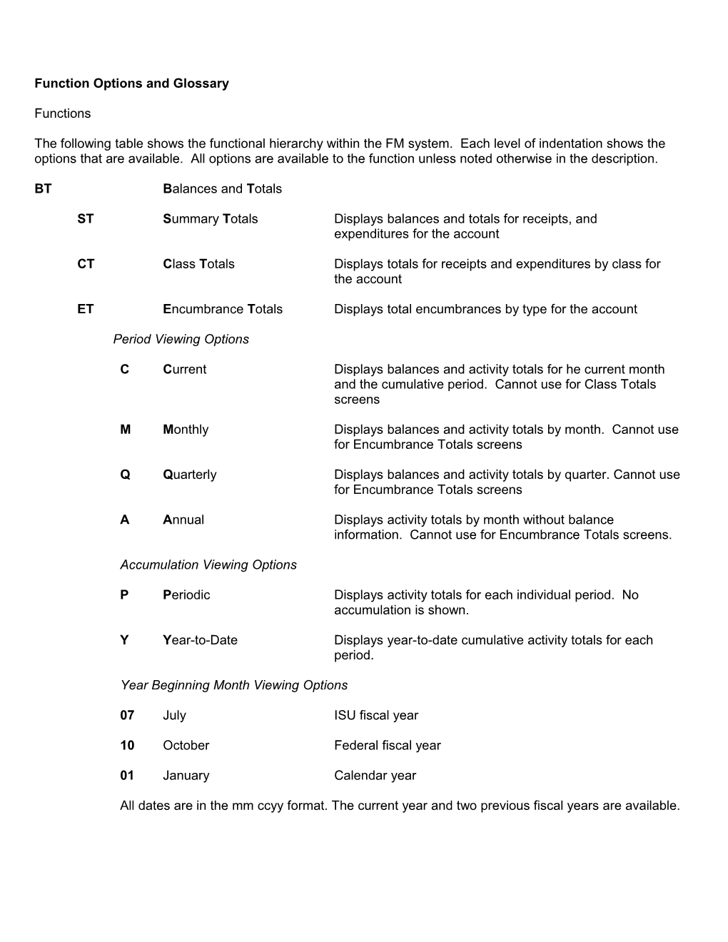 Function Options and Glossary