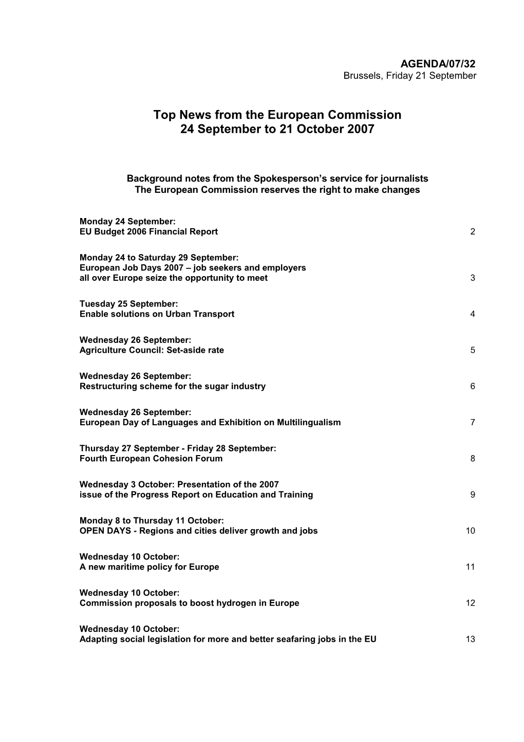 Top News from the European Commission 24 September to 21 October 2007