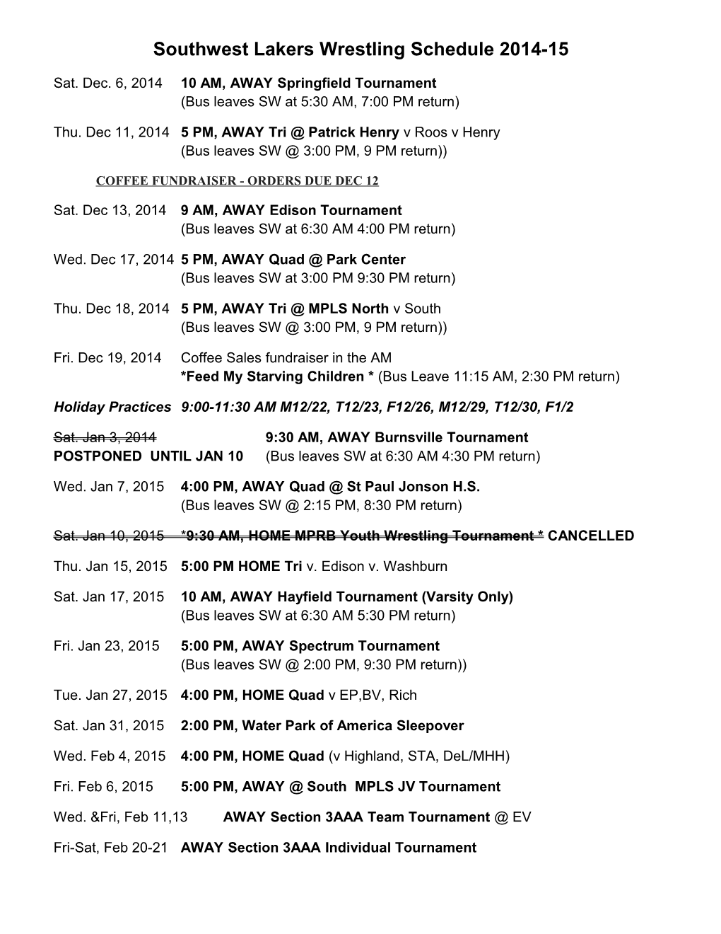 Southwest Lakers Wrestling Schedule 2014-15
