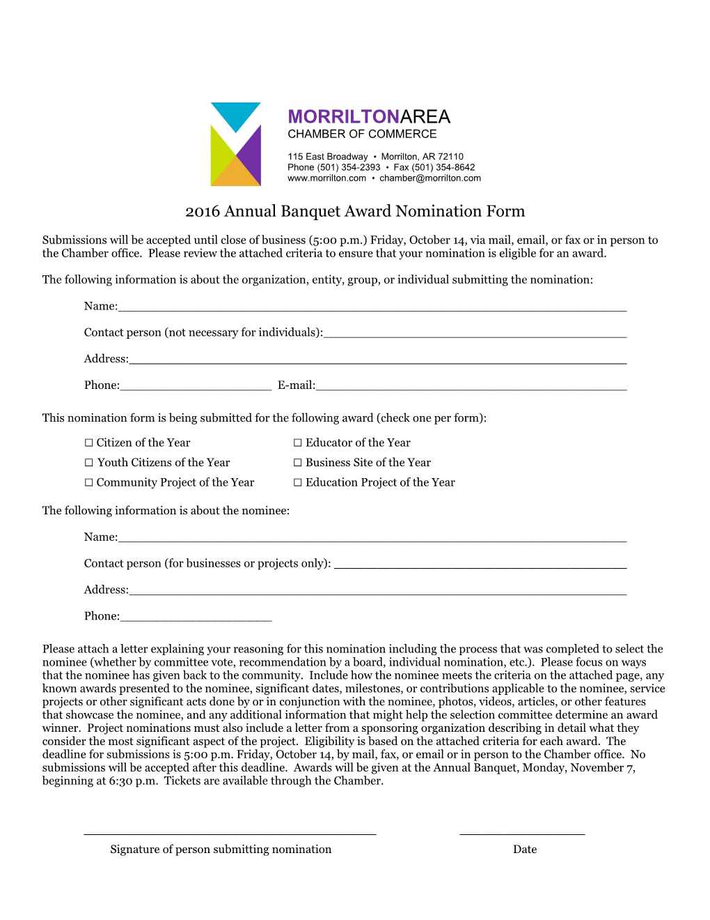 2016 Annual Banquet Award Nomination Form