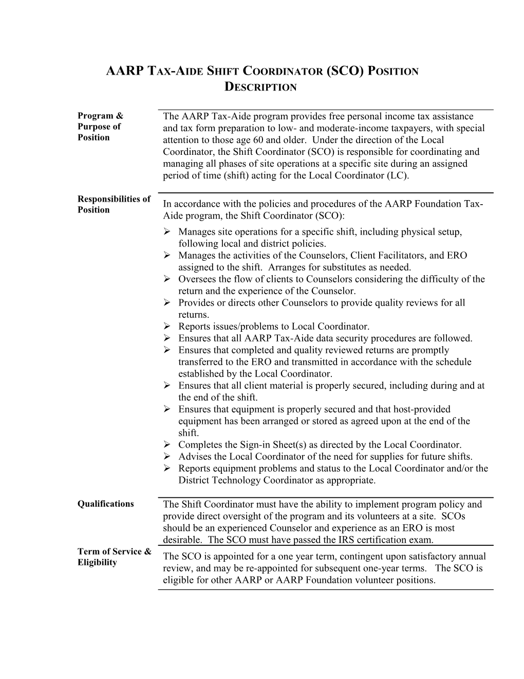 AARP Tax-Aide Shift Coordinator (SCO) Position Description