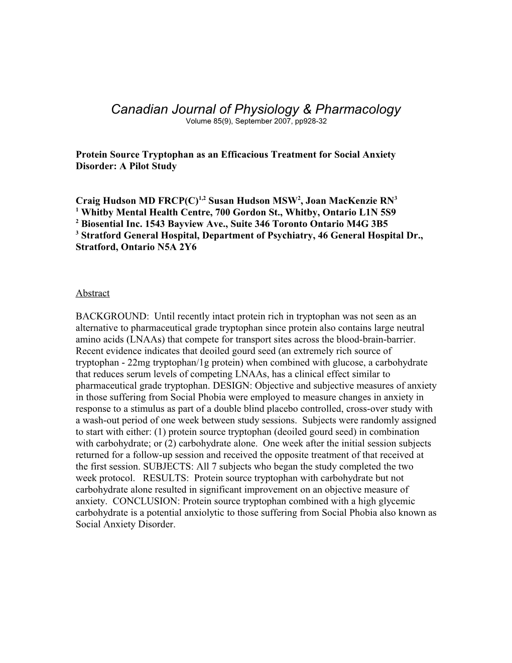 Protein Source Tryptophan As an Efficacious Treatment for Social Anxiety Disorder: a Pilot Study