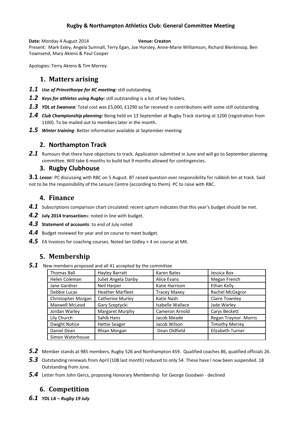 Rugby & Northampton Athletics Club: General Committee Meeting