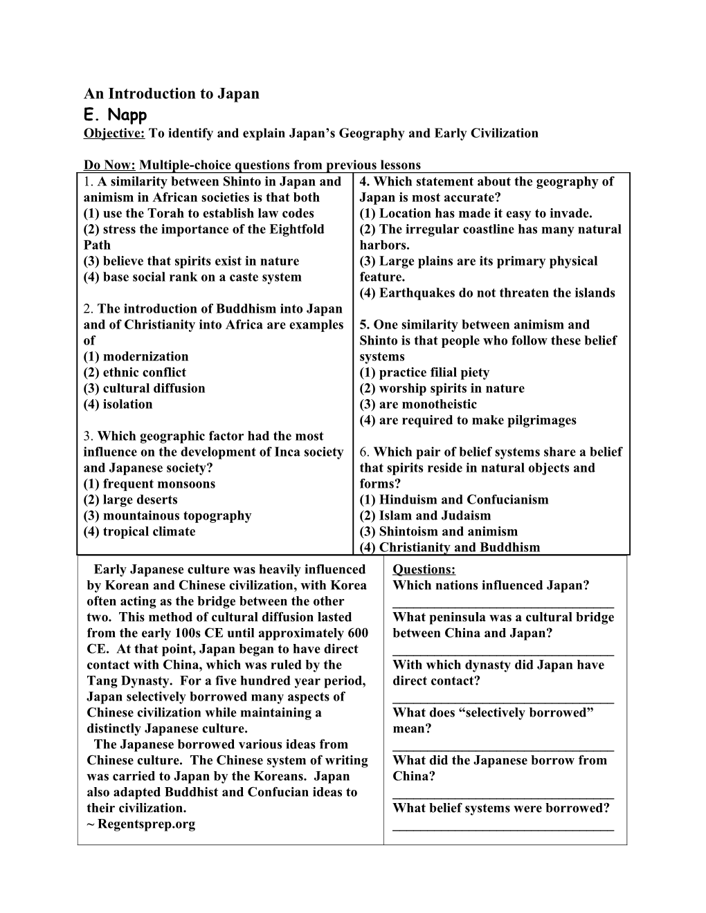 Objective: to Identify and Explain Japan S Geography and Early Civilization