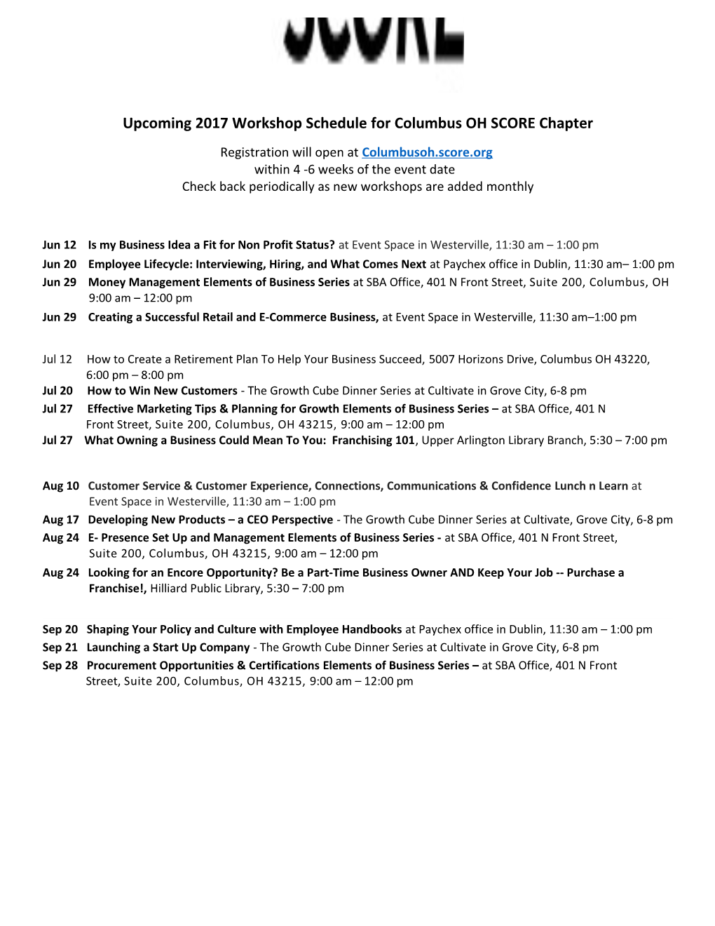Upcoming 2017 Workshop Schedule for Columbus OH SCORE Chapter