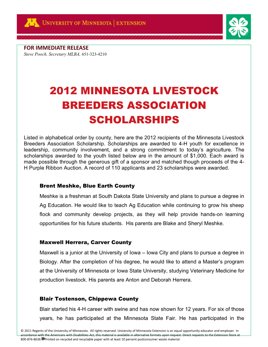 2012 Minnesota Livestock Breeders Association Scholarships