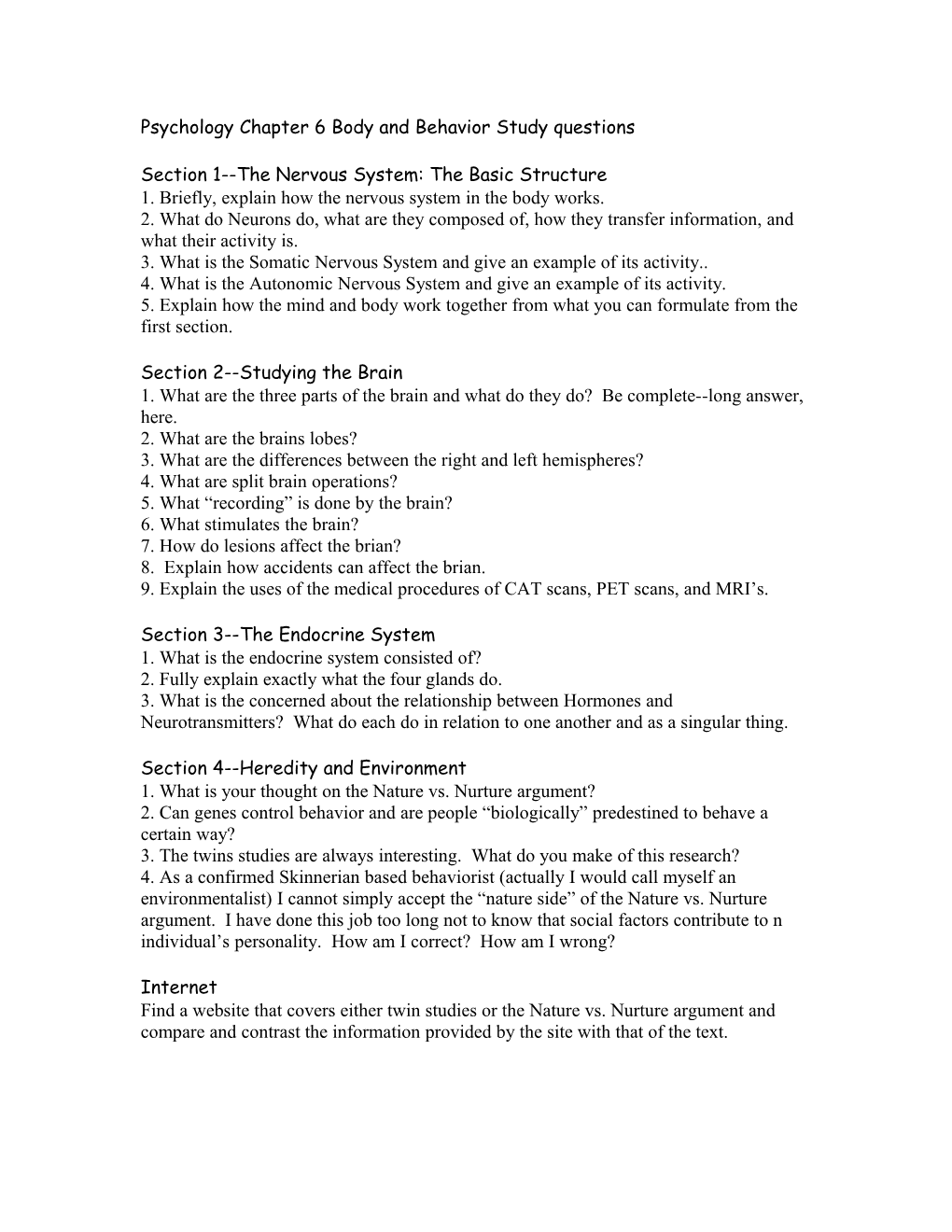 Psychology Chapter 6 Body and Behavior Study Questions