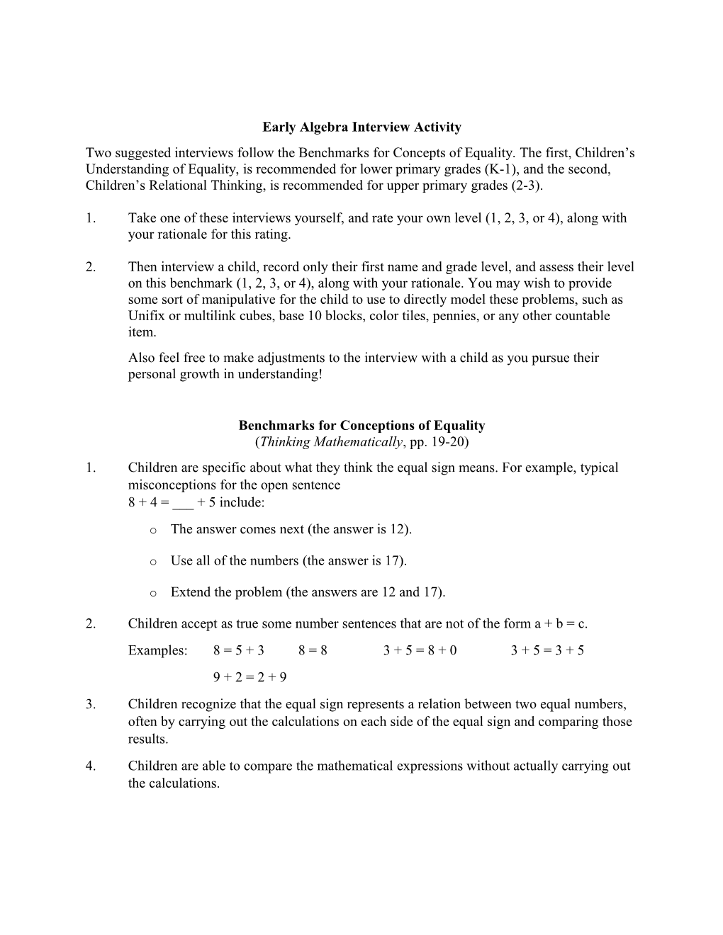 Early Algebra Interview Activity