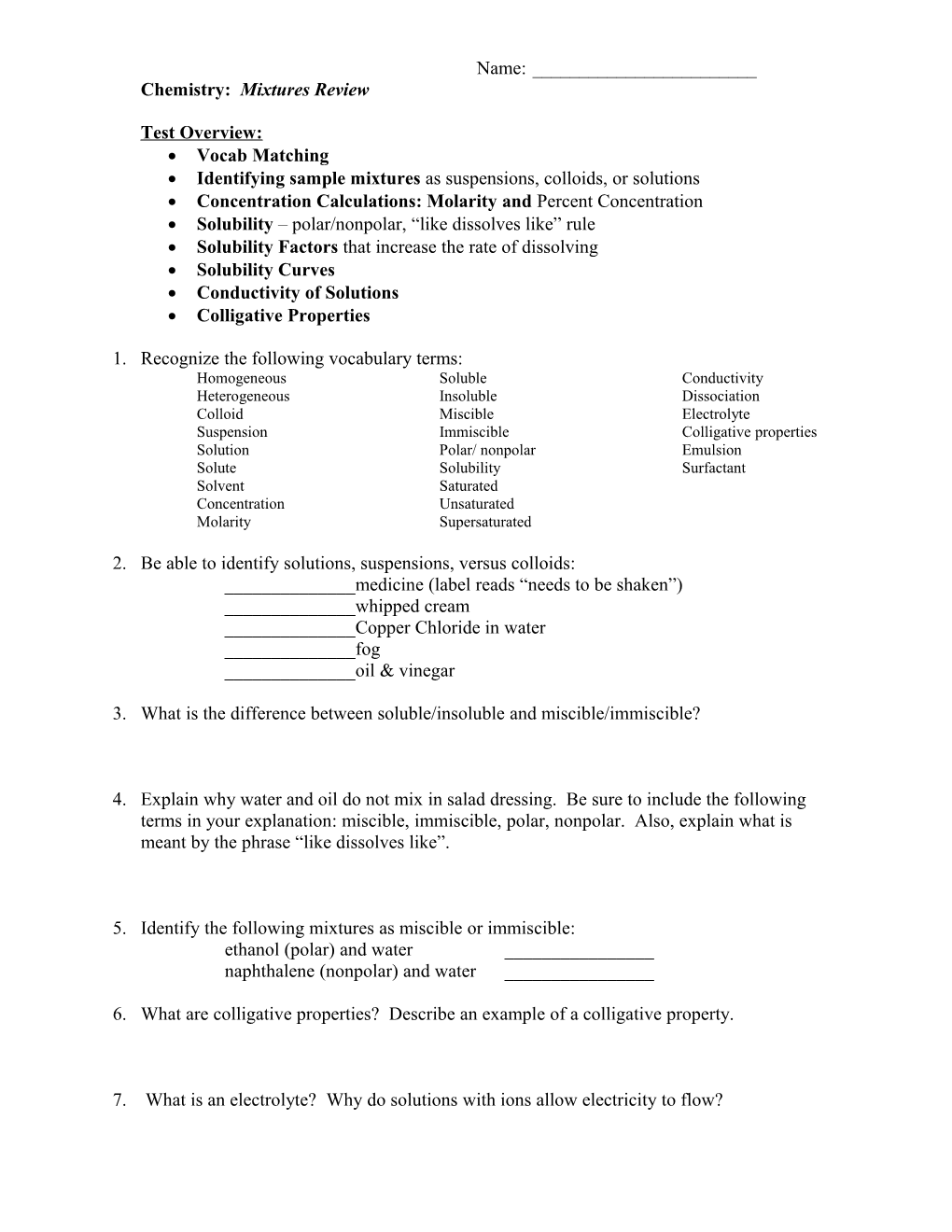 Chemistry: Mixtures Review