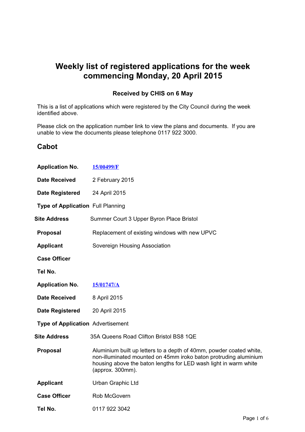 Weekly List of Registered Applications for the Week Commencing Monday, 20 April 2015