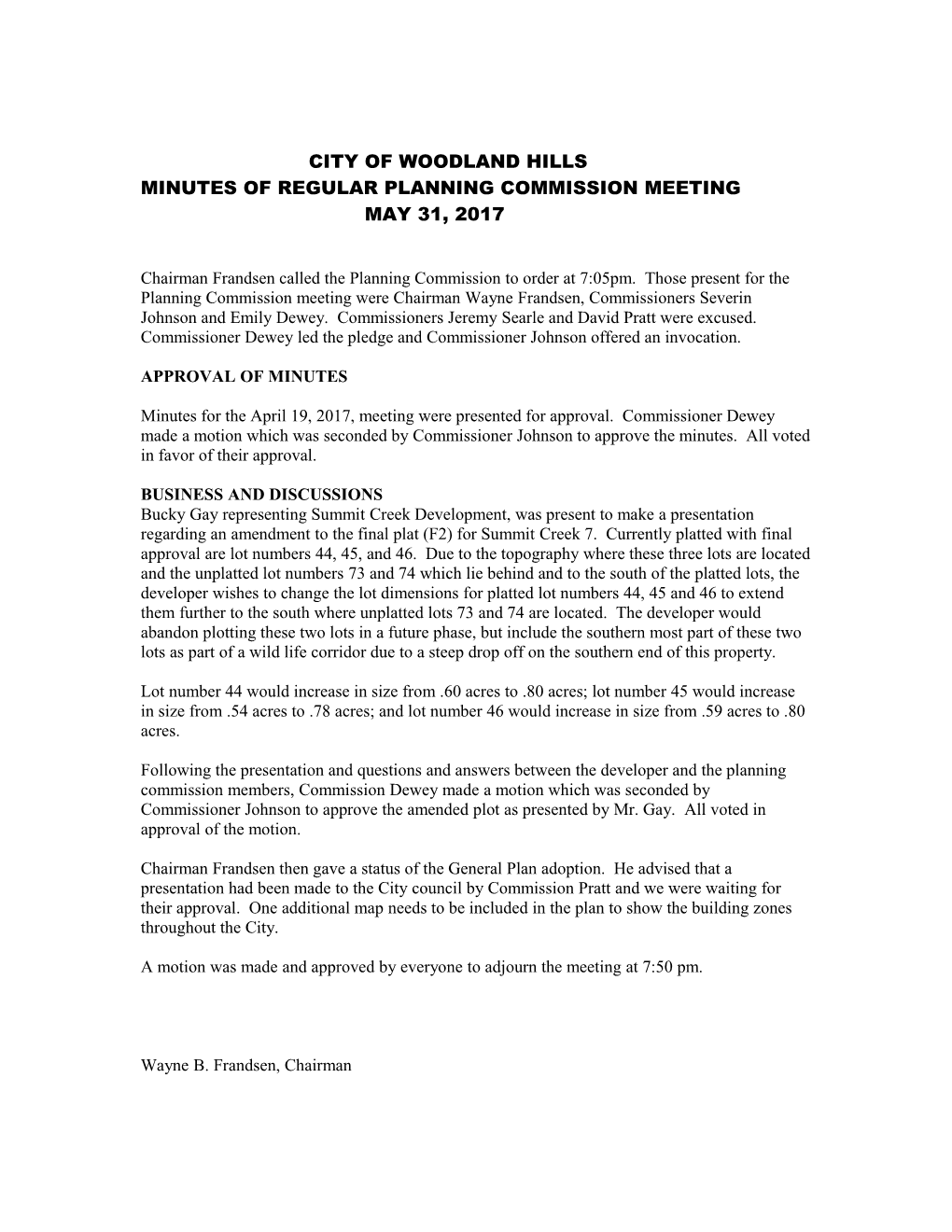 Minutes of Regular Planning Commission Meeting