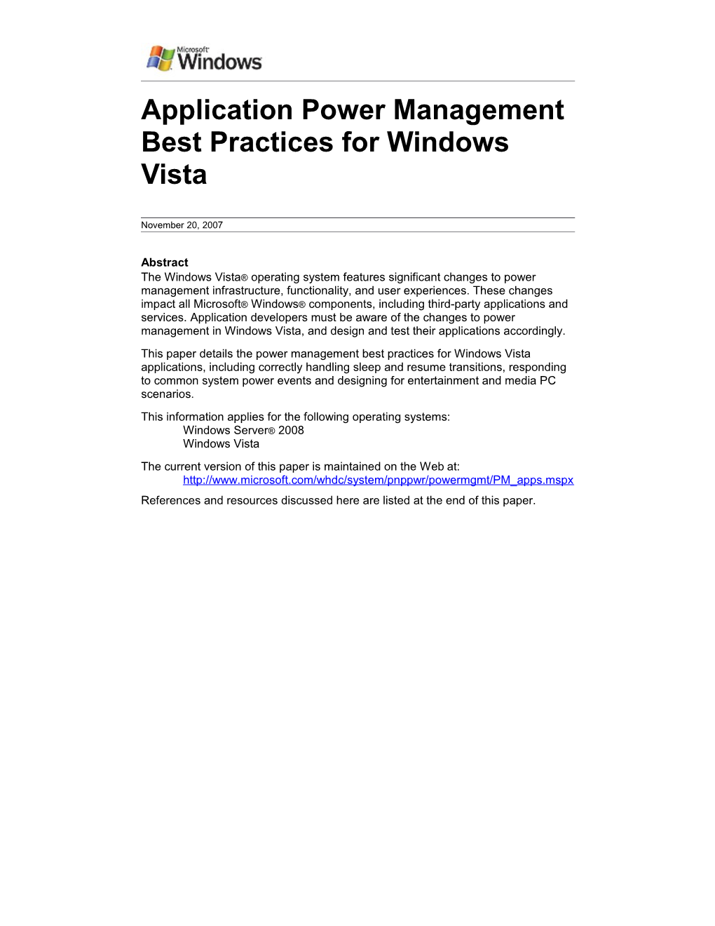 Application Power Management Best Practices for Windows Vista