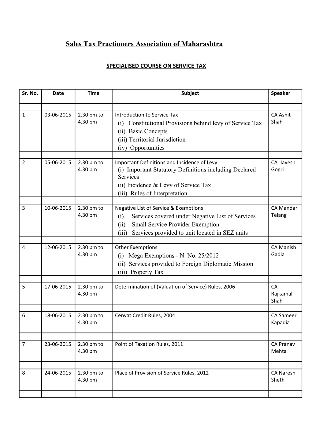 Specialised Course on Service Tax