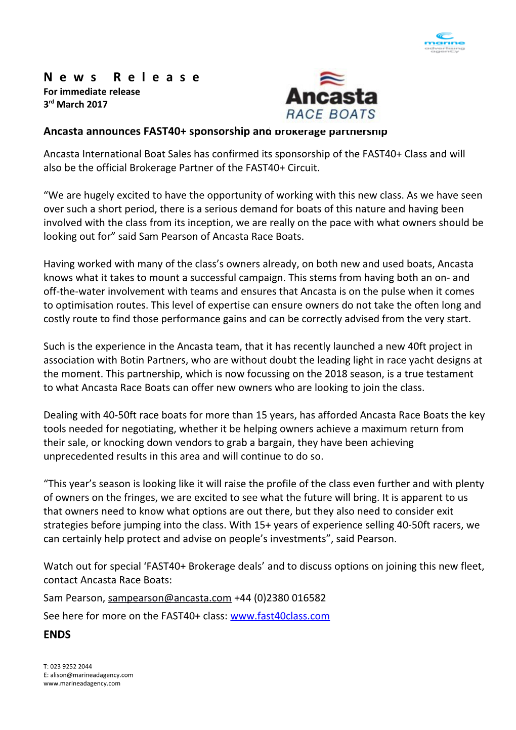 Ancasta Announces FAST40+ Sponsorship and Brokerage Partnership