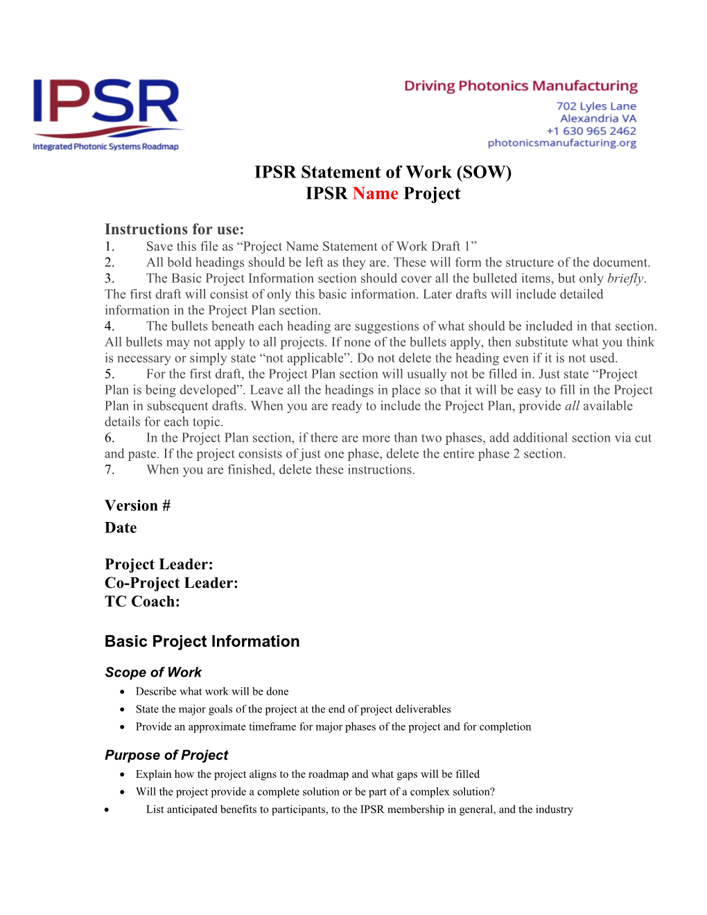 IPSR Statement of Work (SOW)