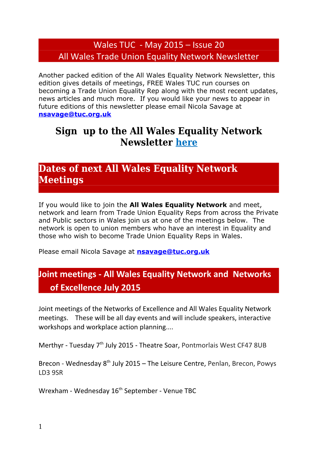 All Wales Trade Union Equality Network Newsletter