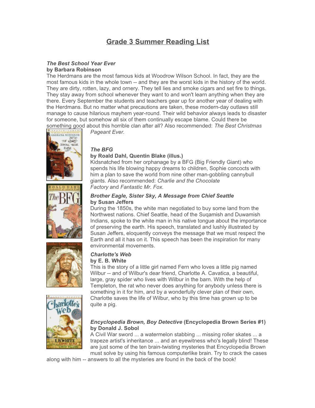 Grade 3 Summer Reading List