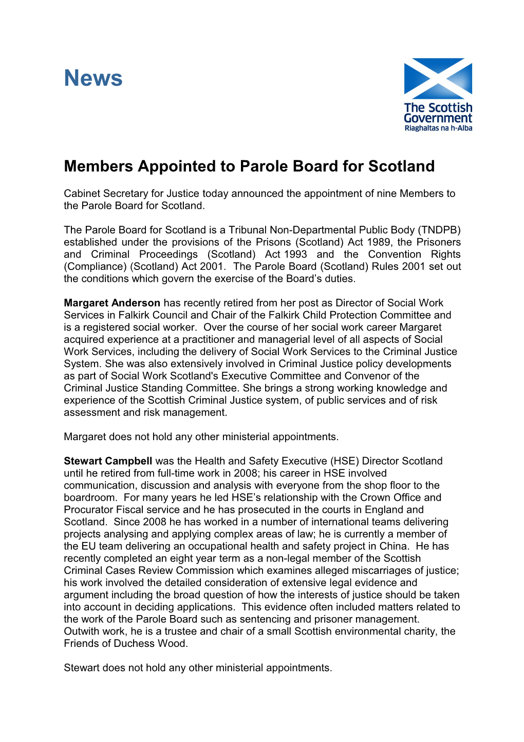 Members Appointed to Parole Board for Scotland