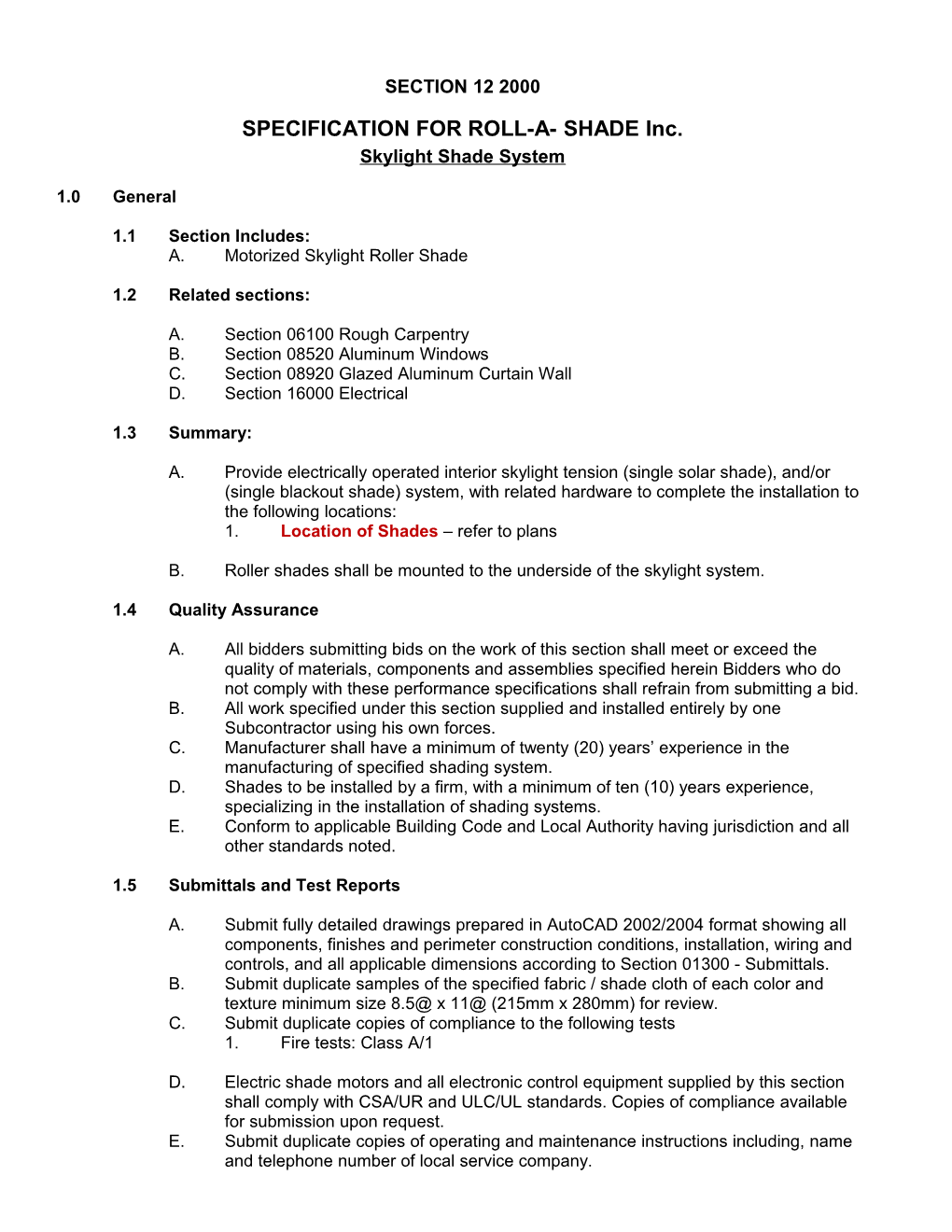 Guide Specifications Window Treatment