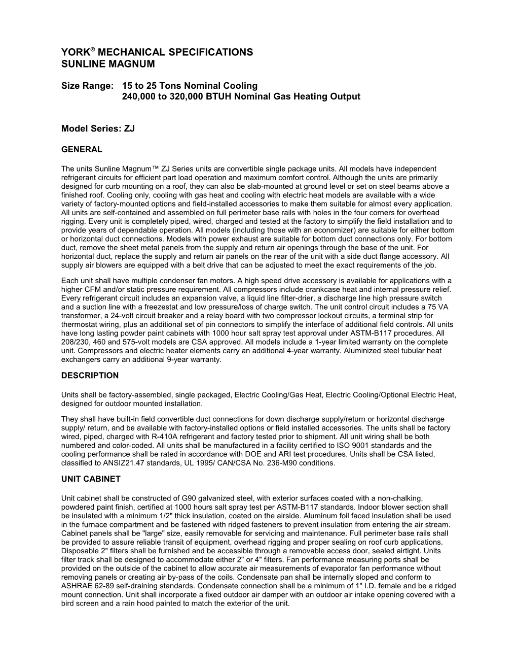 York Mechanical Specifications