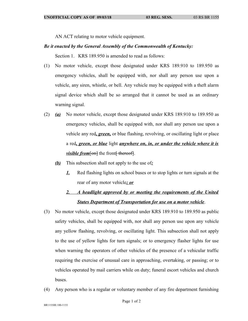 AN ACT Relating to Motor Vehicle Equipment