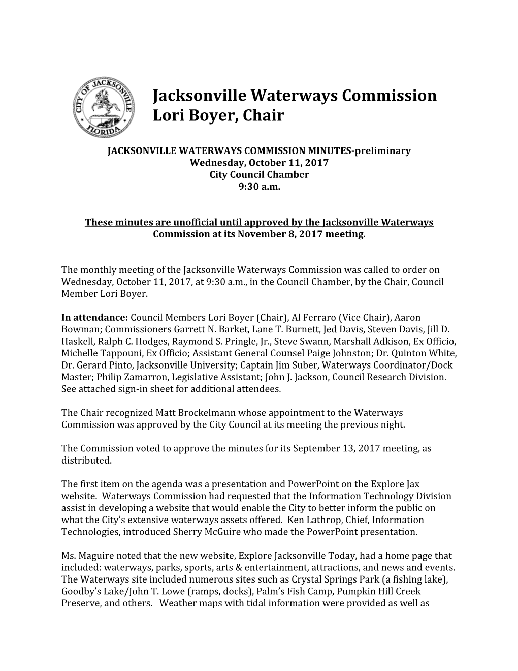 JACKSONVILLE WATERWAYS COMMISSION MINUTES-Preliminary