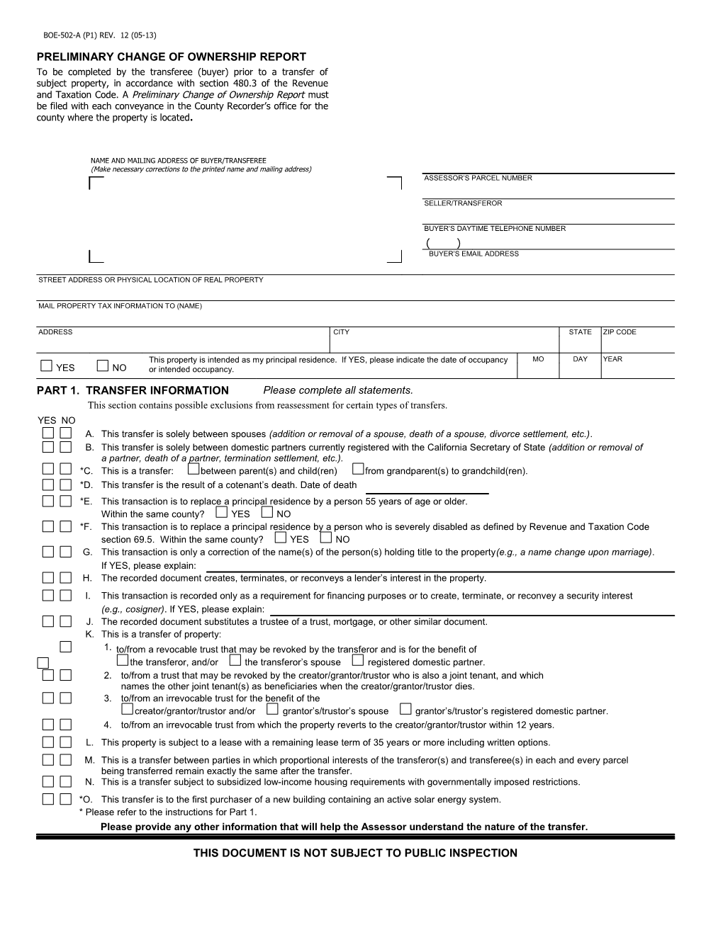 Preliminary Change of Ownership Report