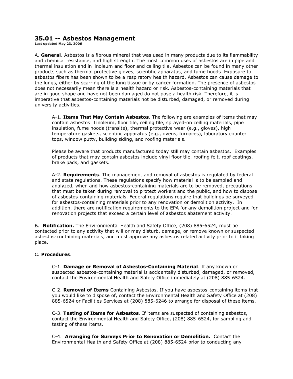 35.01 Asbestos Management Last Updated May 23, 2006