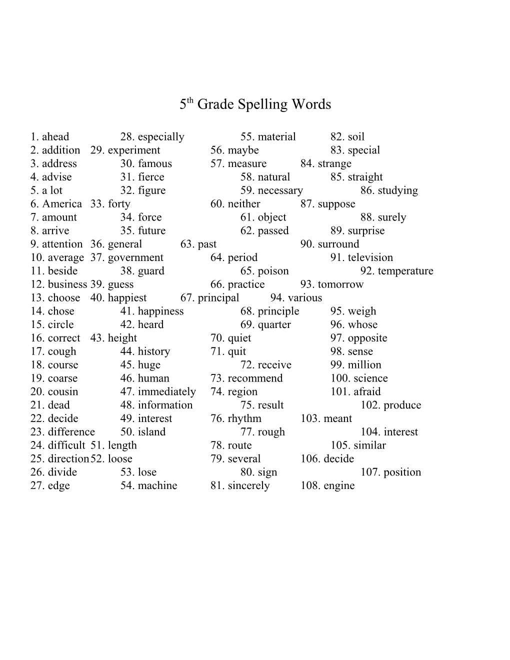 5Th Grade Spelling Words