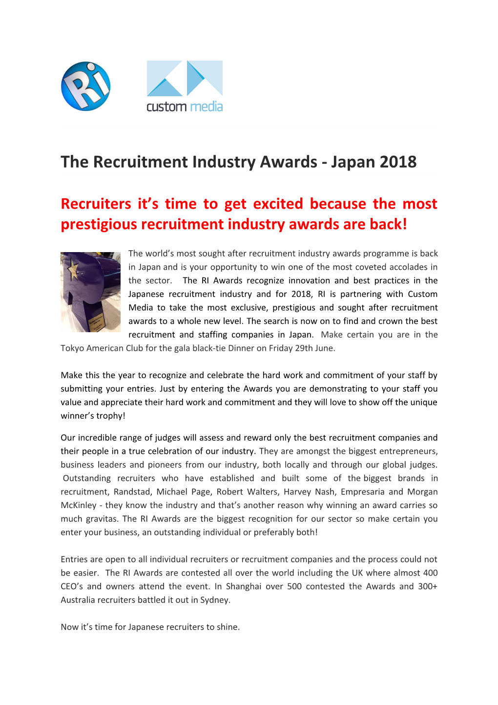 The Recruitment Industry Awards - Japan2018