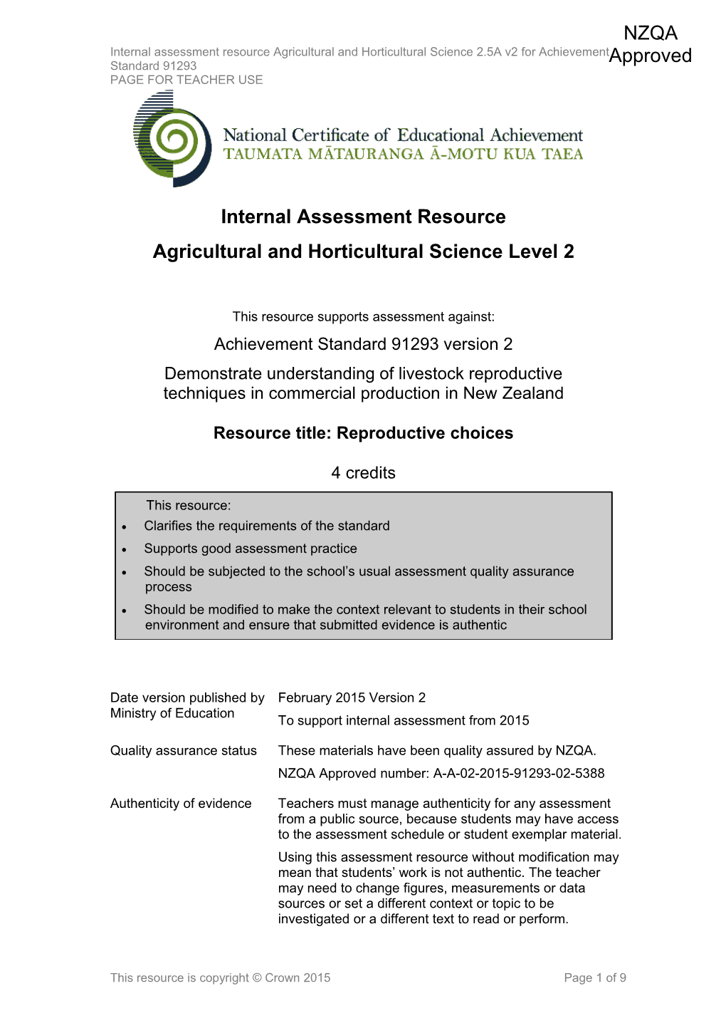 Level 2 Agricultural and Horticultural Science Internal Assessment Resource