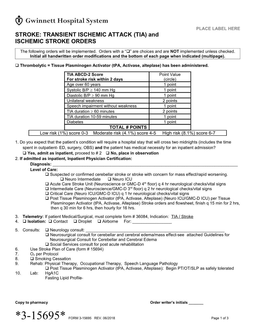 STROKE Transient Ischemic Attack TIA Ischemic Stroke Orders