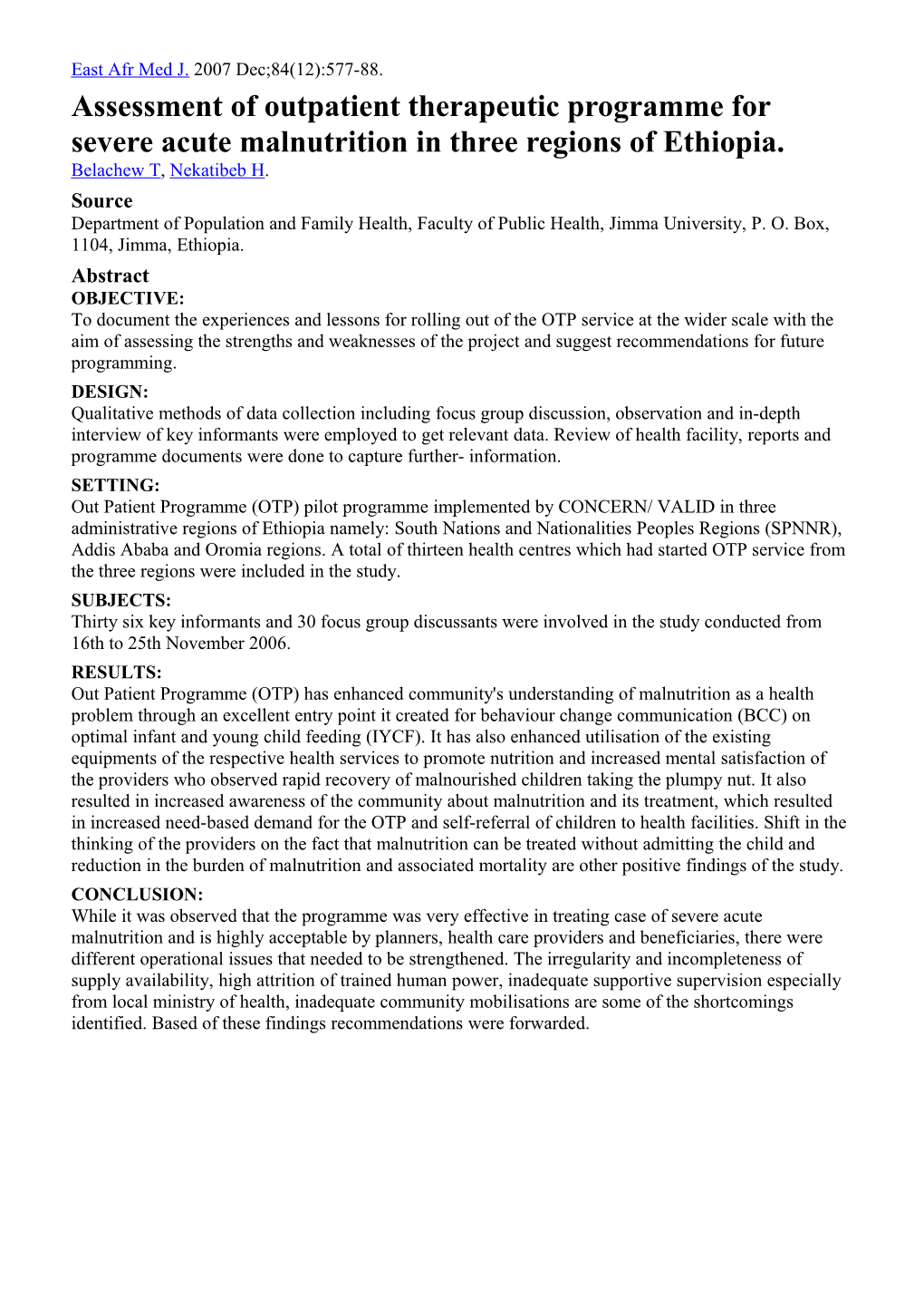 Assessment of Outpatient Therapeutic Programme for Severe Acute Malnutrition in Three