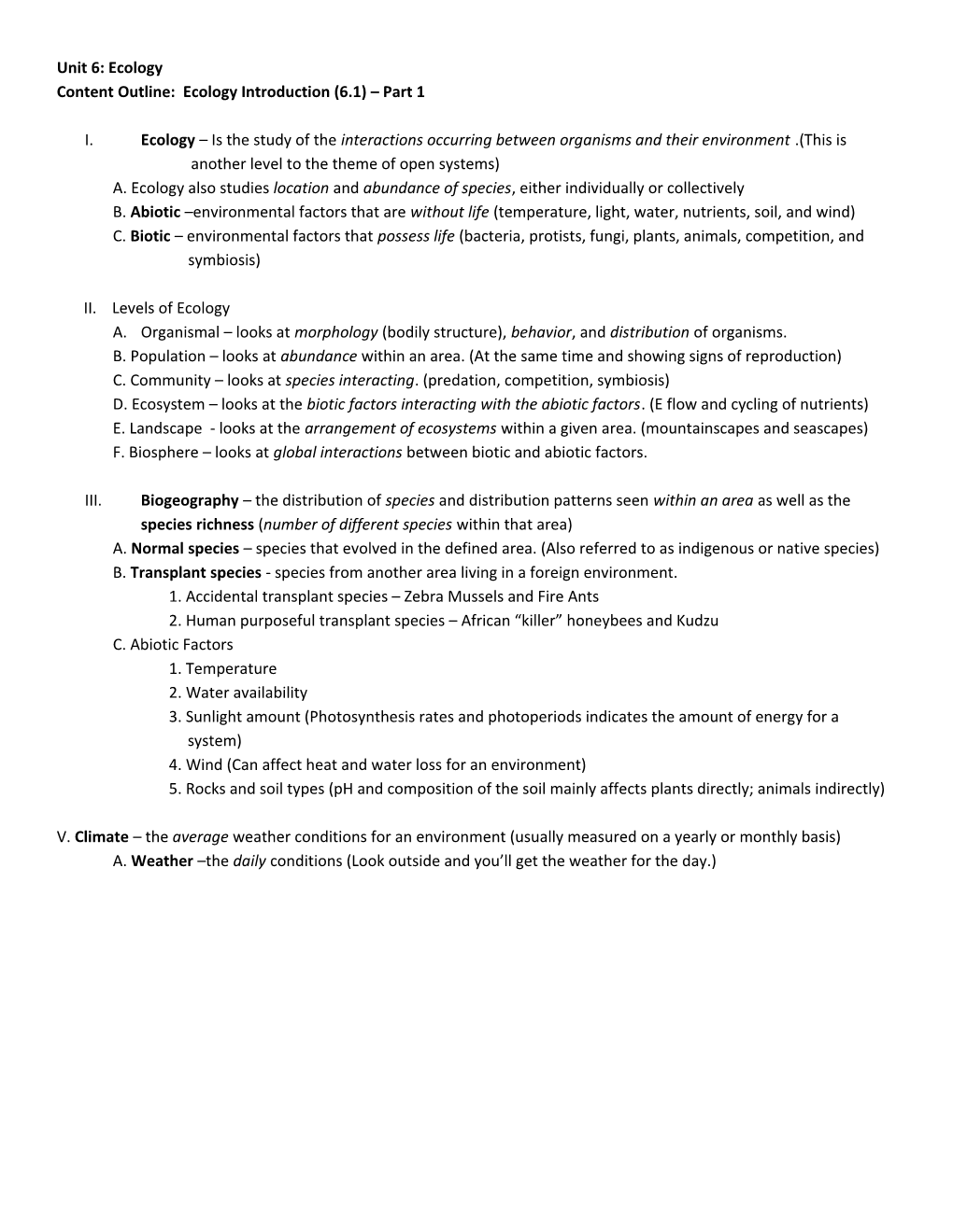 Content Outline: Ecology Introduction (6.1) Part 1