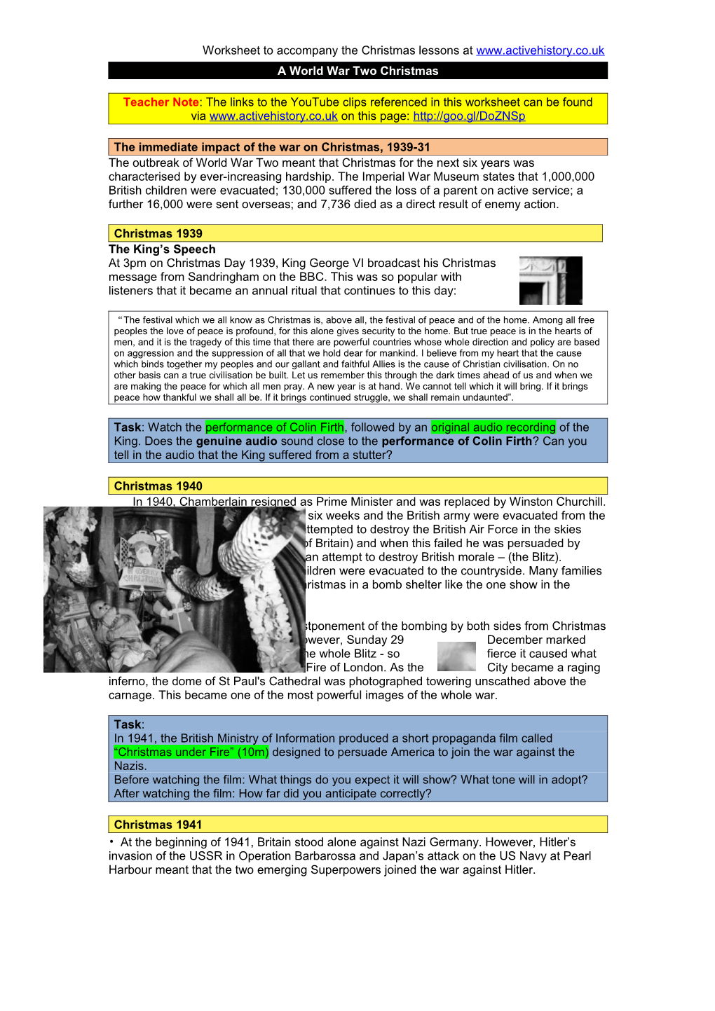 Worksheet to Accompany the Christmas Lessons At