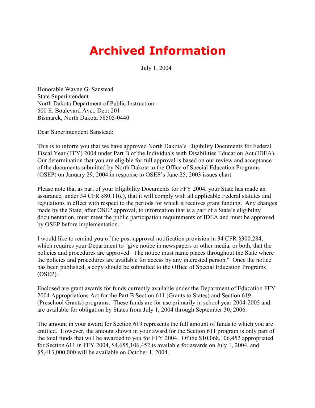 Archived Information: 2004 North Dakota Individuals with Disabilities Act (IDEA) Part B